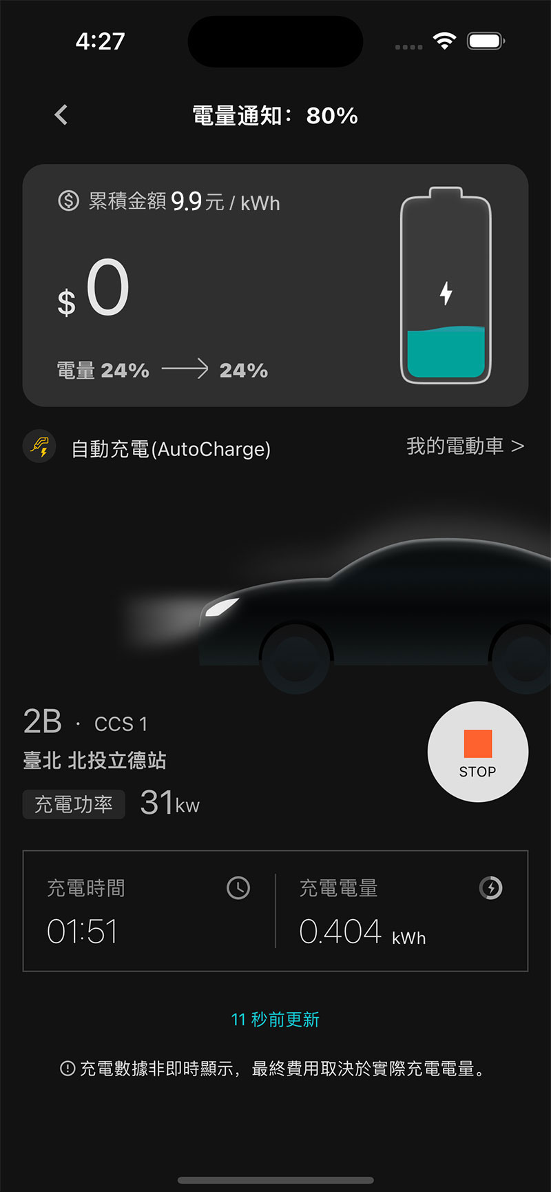 U-POWER App 充電資訊頁畫面
