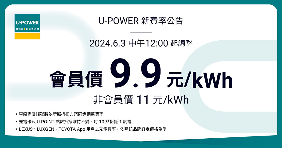 U-POWER 超高速充電站費率調整公告
